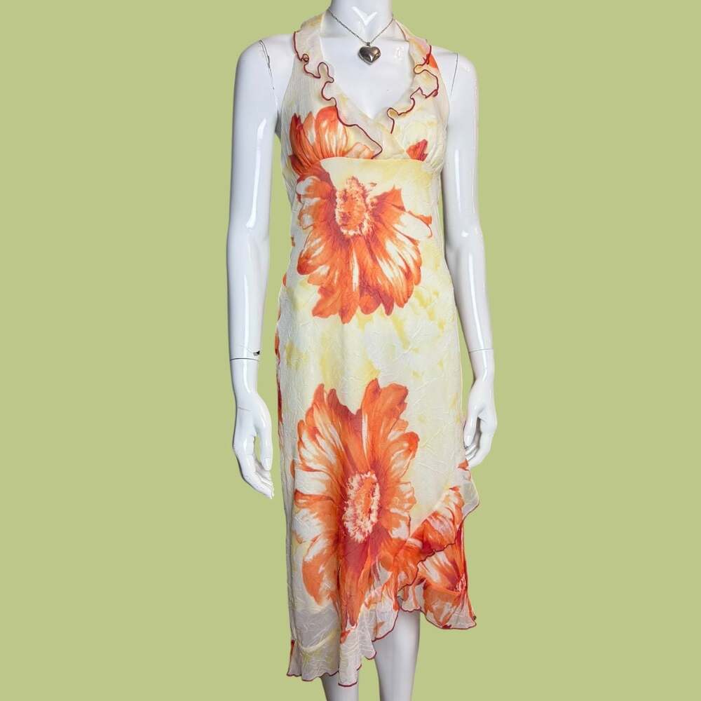Vintage 90s Y2K Orange Floral Asymmetrical Midi Dress